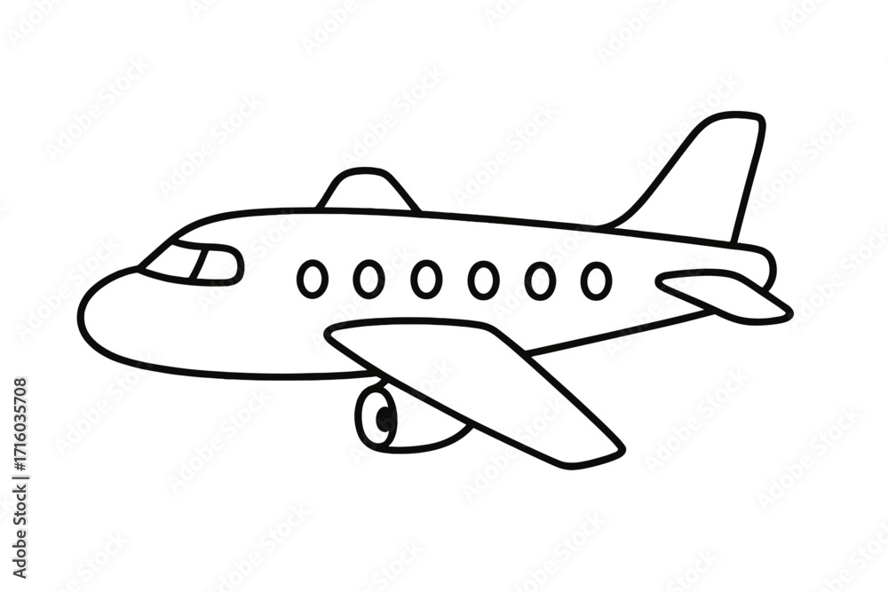Obraz premium Airplane line art icon for travel and transport. Simple vector plane outline illustration for web design, apps, and coloring books. Cartoon jet flight graphic symbol.