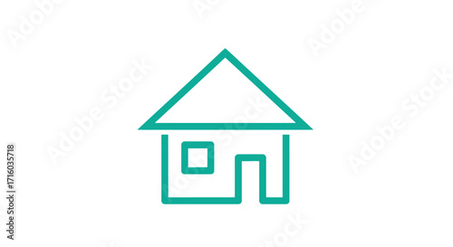 Simple teal house icon with a triangular roof, window, and door on a white background.