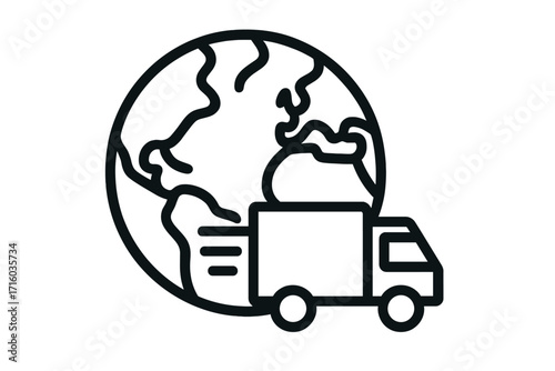 Global delivery service and worldwide shipping icon. International logistics and freight transport concept. Cargo truck on earth planet background. Vector line illustration.