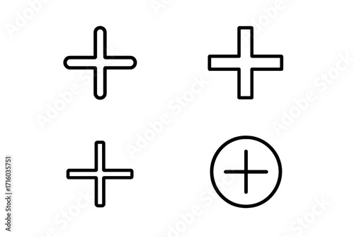 Plus sign outline icon set. Simple add button collection. Vector graphic symbols for UI and UX design. Positive, more, and addition concept. Editable stroke. Isolated.
