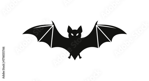 Silhouette of a bat with outstretched wings, a simple, graphic design.