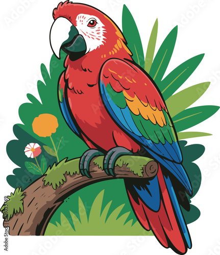 Vibrant scarlet macaw parrot perched on a mossy branch in tropical foliage