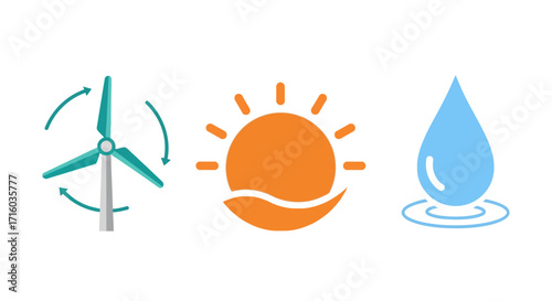 Three icons representing renewable energy sources: wind turbine, sun with waves, and a water drop.