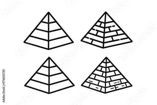 Pyramid icon set. Collection of simple outline symbols representing ancient Egyptian or Mayan pyramids. Isometric line art for business hierarchy, structure diagrams, and infographics.