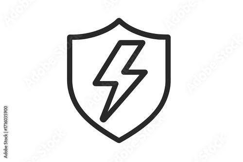 Power protection icon. Shield and lightning bolt symbol for security, safety, and defense. Vector illustration for app, logo, or web design. Energy charge guard concept.