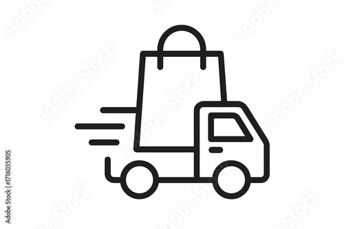 Fast delivery truck with shopping bag icon. E-commerce shipping and online shopping concept. Logistics and transport service for retail. Minimal vector line art pictogram.