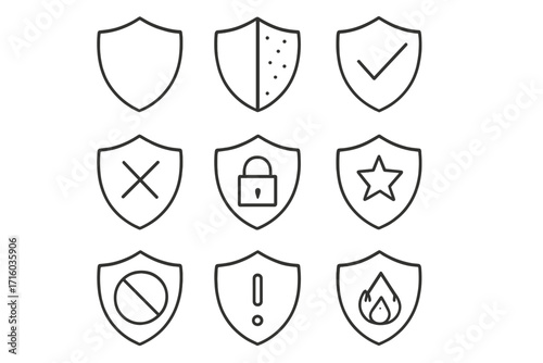 Security shield vector icon set. Line art collection of protection and safety symbols like lock, check, warning, firewall, and alert. Editable stroke for web and app design.