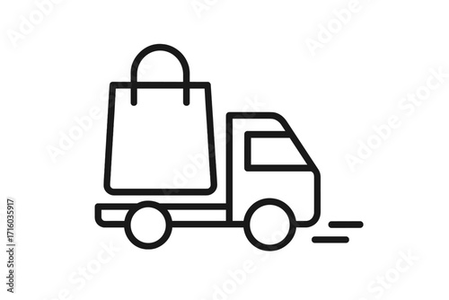Fast delivery truck with shopping bag. E-commerce shipping concept. Online order and purchase transportation. Logistics and distribution service. Express home delivery icon.