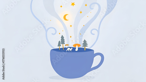 A whimsical illustration of a landscape inside a teacup with stars and moon above it in light blue tones