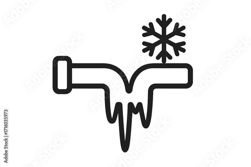 Frozen water pipe with ice and icicles. Burst pipeline plumbing problem. Winter frost damage concept. Cold temperature hazard. Minimal linear vector icon for emergency repair service.