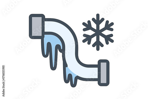 Frozen water pipe with icicles vector icon. Winter plumbing problem, burst pipeline due to frost and cold temperature. Emergency repair, home heating system failure concept.