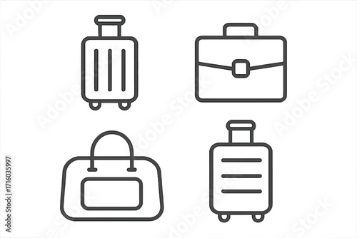 Luggage and bag line icon collection. Suitcase, briefcase, and travel bag vector pictograms. Minimalist outline icon set for business trip, vacation, journey, and web design.