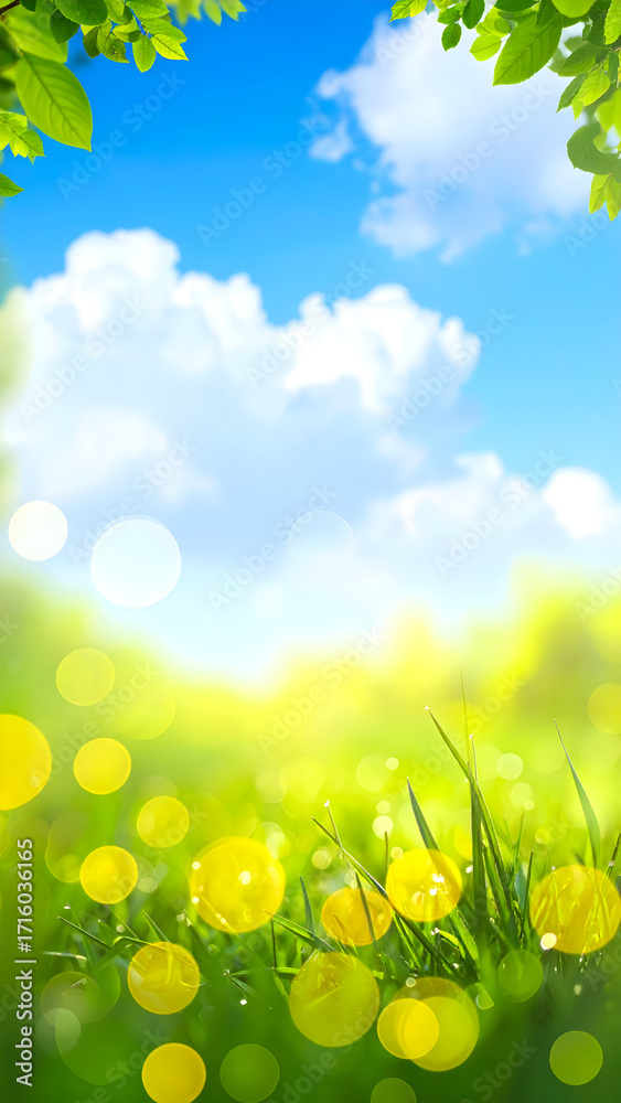 Fototapeta premium Abstract summer nature scene with blurred foliage and glowing light circles.