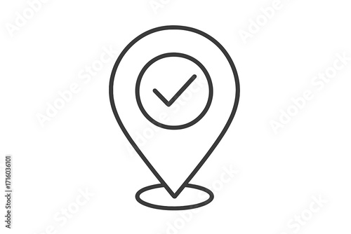 Location pin with check mark line icon. GPS navigator pointer, map marker symbol. Concept of destination confirmed, arrival, check in, correct place, verified address.