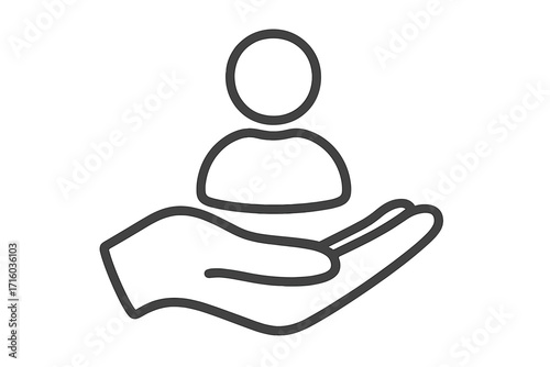 Person in hand line icon. Concept of care, protection, and support. Customer or employee care. Human resources or insurance symbol. Metaphor for safety and service.