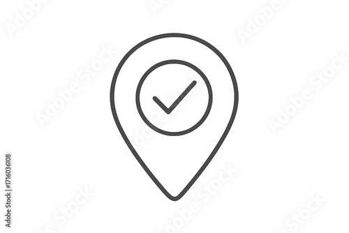 Location pin with check mark line icon. Destination, arrival, and check-in concept. Visited place symbol. Correct position and verified address. GPS map pointer vector.