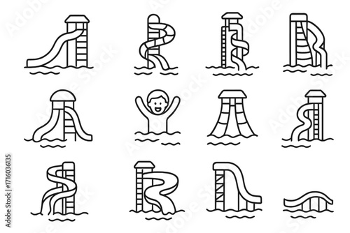 Water park line icon set. Aqua park slides and pool fun. Summer vacation and recreation concept. Outline symbols for web, UI, UX design. Editable stroke vector.