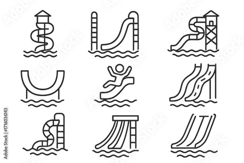 Water park line icon set. Aquapark slides and pool fun. Summer vacation recreation and activity symbols. Vector pictogram collection for UI, UX, web design. Editable stroke.