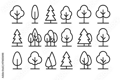 Tree and forest line icon set. Modern minimal collection for design. Vector outline symbols of deciduous and coniferous trees, nature, park, and wood for web or app.