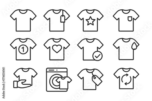 T-shirt line icon set for apparel and fashion. Vector symbols for clothing store, laundry service, donation, recycling, and quality. Editable stroke for UI, web, apps.