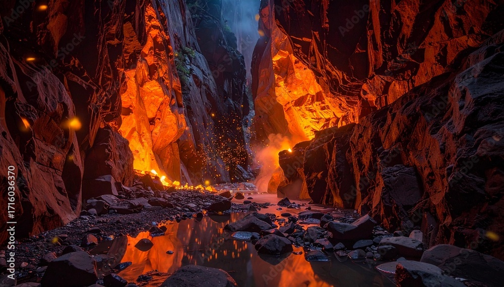 Obraz premium Dramatic Fiery Canyon River with Glowing Sparks