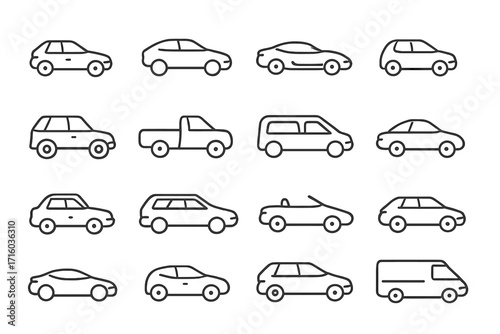 Car line icon set. Vehicle and automobile symbols. Collection of various transport types: sedan, suv, pickup truck, van, convertible. Minimal outline vector pictograms.
