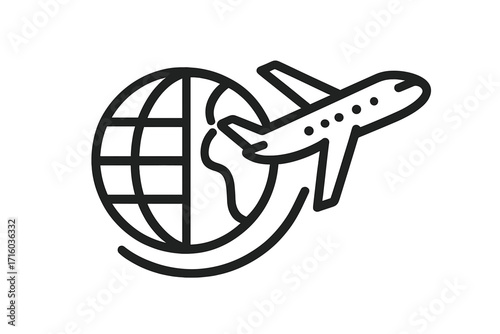 Airplane flying around planet Earth. Global travel and tourism concept. International flight and transportation line icon. Simple vector illustration for web and graphic design.