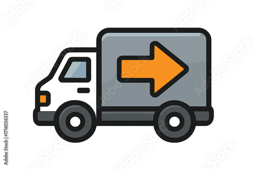 Delivery truck icon with arrow symbol for logistics, shipping, and fast transport service. Cargo van moving and freight distribution vector. Isolated clipart for web and apps.