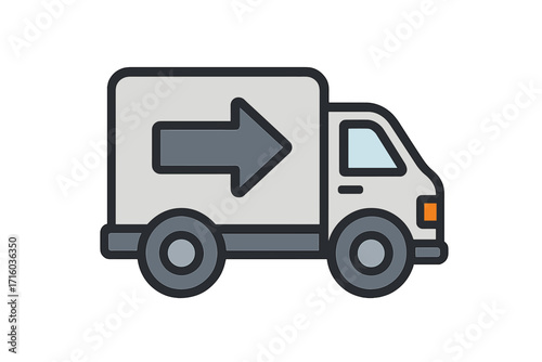 Delivery truck vector icon. Fast shipping service symbol for web and apps. Logistics, transport, and freight concept. Express cargo van graphic with arrow isolated on white.