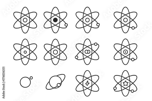 Atom icon set collection of thin line icons. Vector symbols for science, physics, chemistry. Atomic structure, nucleus, electrons, particles. Nuclear energy and quantum concept.