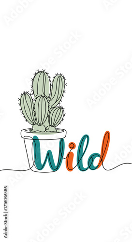 Cactus illustration in minimalist style with the word "Wild" and copy space