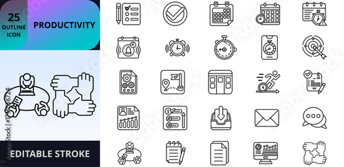 Set of 25 productivity and workflow outline icons for task management, scheduling, time tracking, meetings, notes, and team collaboration. Ideal for apps, dashboards, web UI, and presentation template