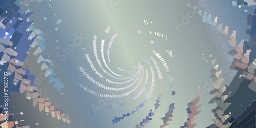 A serene conceptual artwork of a swirling energy vortex in a soft, muted digital environment with abstract foliage shapes