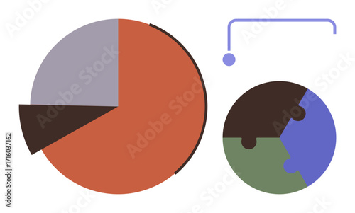 Large segmented pie chart and smaller puzzle-piece chart connected by a minimal line element. Ideal for business, analytics, teamwork, strategy, planning, collaboration, education. Simple flat