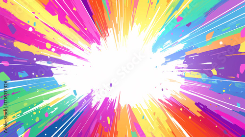 放射状に広がるレインボーカラーとポップアート調の明快なラインで構成されたシンプルな背景、中央に余白がある構図が特徴の抽象イラスト素材、広告やプレゼン資料に最適