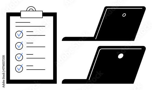 Clipboard with checklist and blue check marks next to two open laptops. Ideal for productivity, task organization, office management, remote work, digital planning, workflow, simple flat metaphor