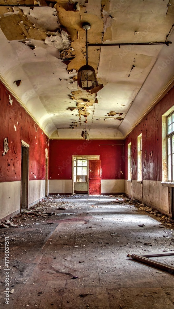Fototapeta premium Decaying red-walled corridor in an abandoned building, featuring peeling paint, a damaged ceiling, debris-strewn floor, and aged windows