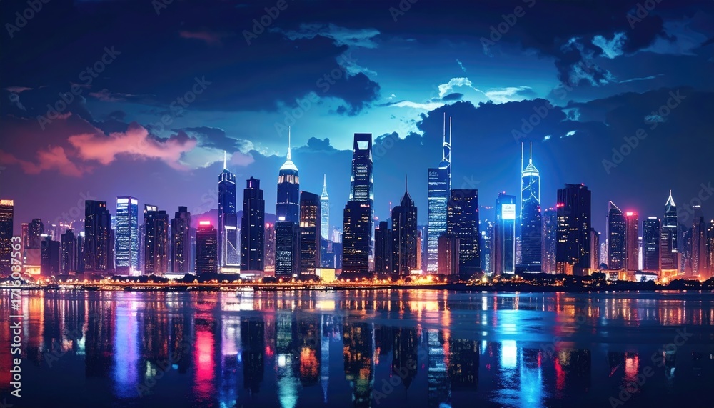 Fototapeta premium Cityscape at Night with Illuminated Skyscrapers Reflecting in Water Under Cloudy Blue Sky