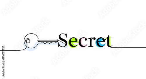 Key illustration with the word 'Secret' in a colorful minimalist design copy space