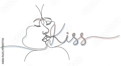 Couple about to kiss with the word 'Kiss' in a stylish minimalist design copy space