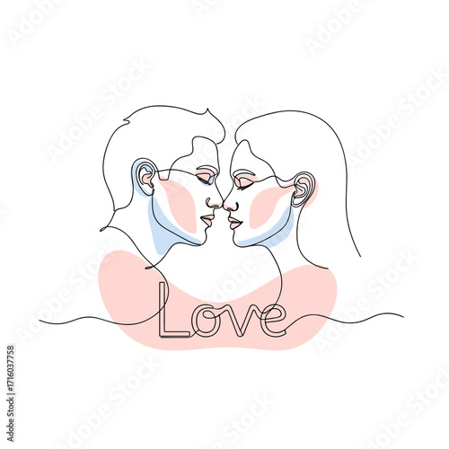 Couple gazing into each other's eyes, symbolizing love with the word 'Love' in a minimalist design copy space