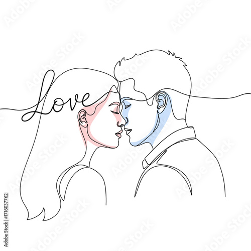 Couple sharing a tender moment with foreheads touching, symbolizing love with the word 'Love' in a simple design copy space