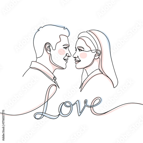 Couple gazing into each other's eyes, symbolizing love with the word 'Love' in a minimalist design copy space