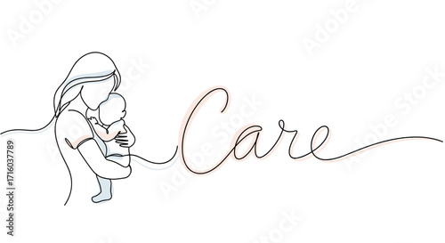 Mother holding her baby close, symbolizing care with the word 'Care' in a simple minimalist design copy space