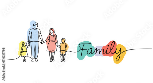 Happy family holding hands with the word 'Family' in colorful letters in a minimalist style copy space