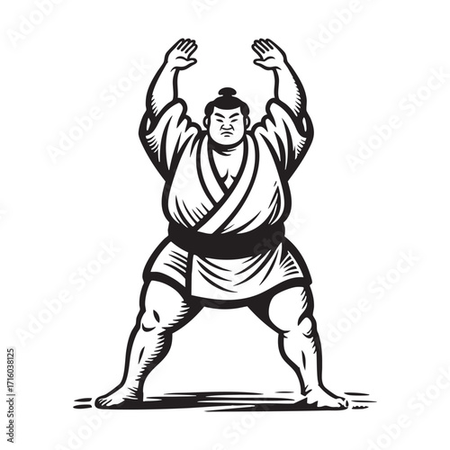 sumo athlete pose Black and white engraved ink art