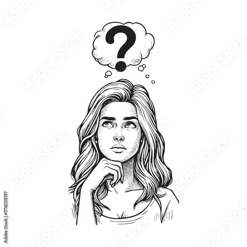 Detailed Black and White Drawing of	Woman with Question Mark Looking Upward	black on white line art.