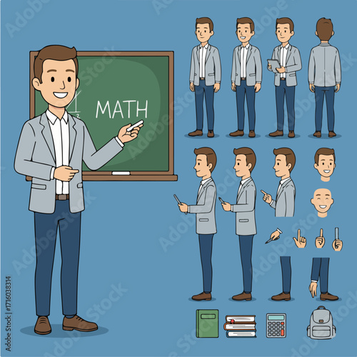 male teacher near school board. Character constructor for animation. Front, side and back view set. Body parts, postures, poses collection. Vector illustration.
