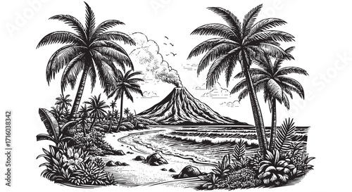 mountain volcano eruption on beach hand drawn black and white graphic vector illustration