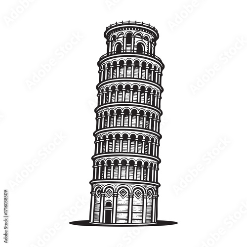 Hand drawn of pisa tower engraving vector illustration. Scratch board style imitation. Black and white hand drawn image.